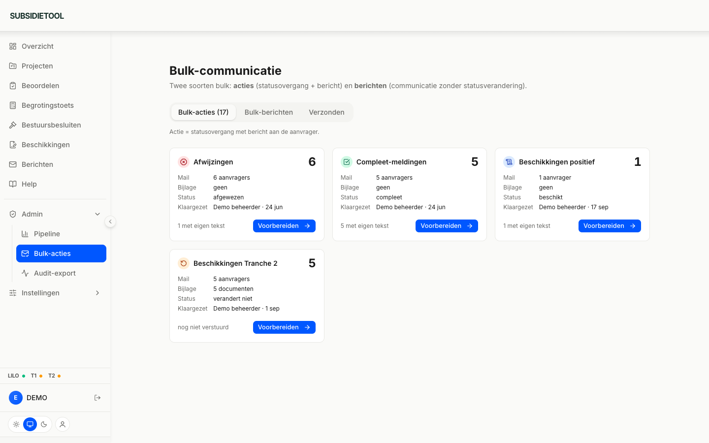 Geanonimiseerd scherm met voorbereide bulkacties in OpenLocal
