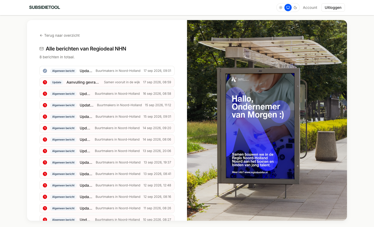 Ook na indienen blijft het gesprek bij het dossier. — scherm uit de werkende OpenLocal-omgeving met demogegevens