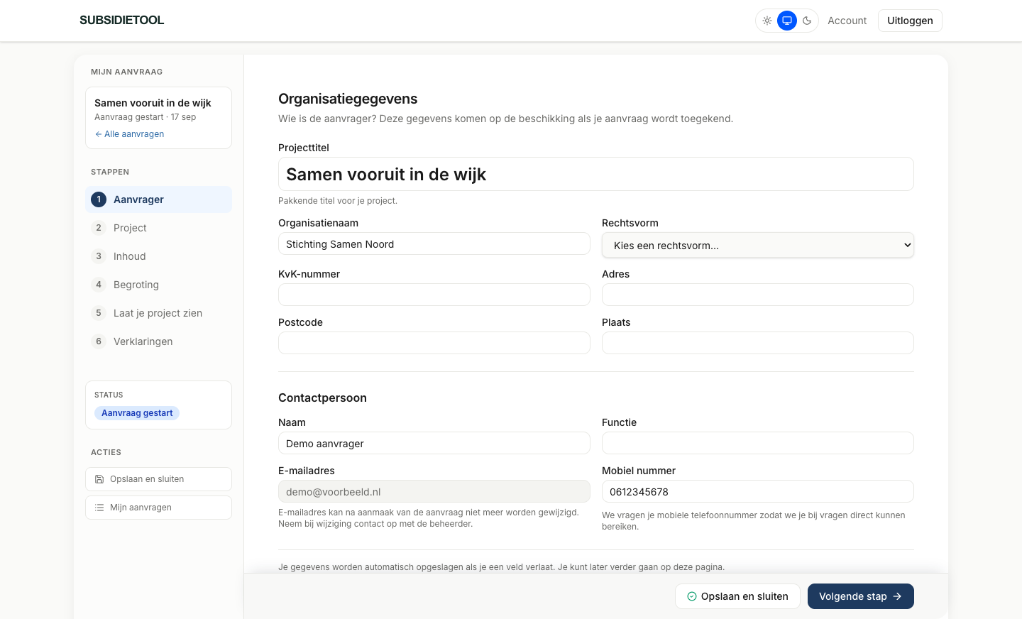 Een aanvraag groeit stap voor stap. — scherm uit de werkende OpenLocal-omgeving met demogegevens
